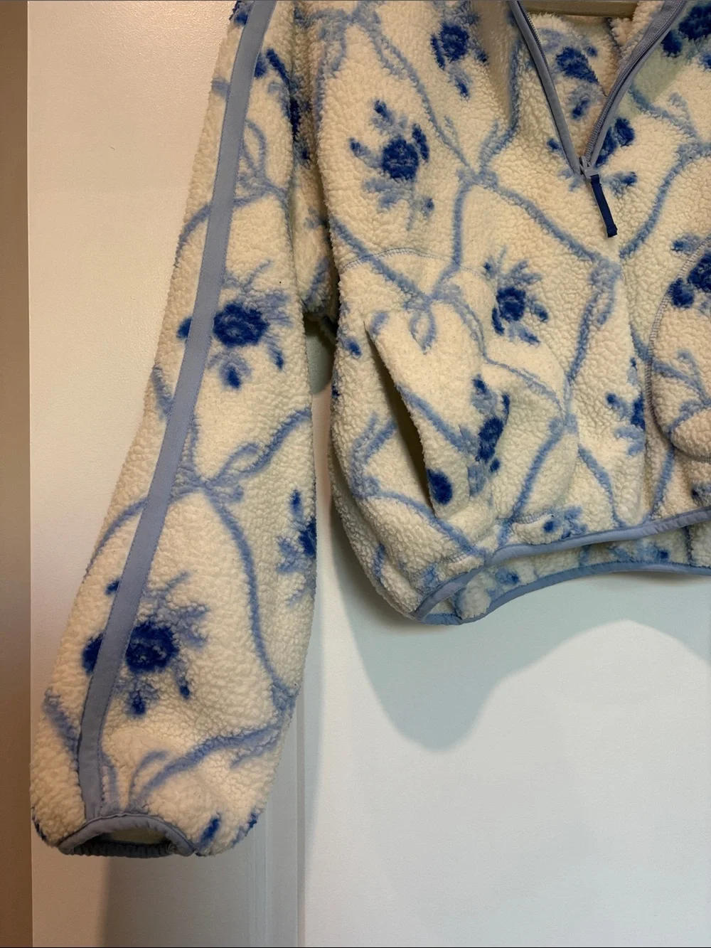 Old Navy Cream and Blue Floral Sherpa Quarter-Zip Pullover